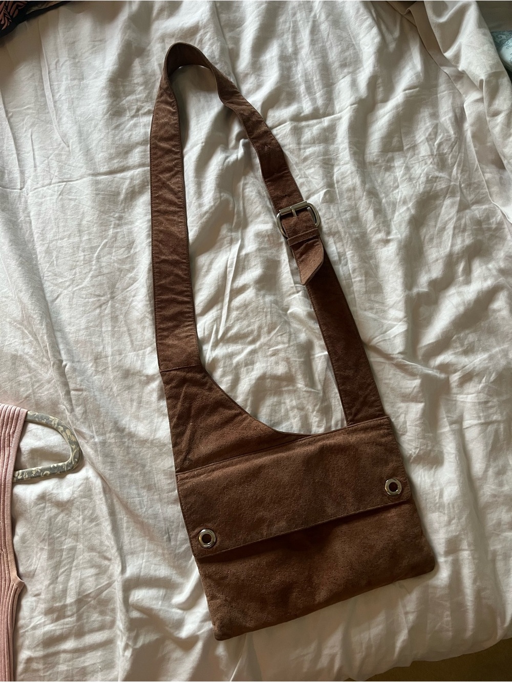 Adjustable Brown Suede Crossbody Bag with Flap